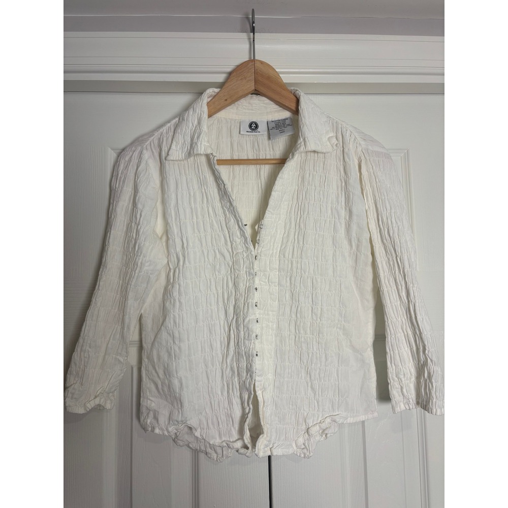 Arizona Jean Co White Smocked Crinkle Hook Eye Blouse Top Small